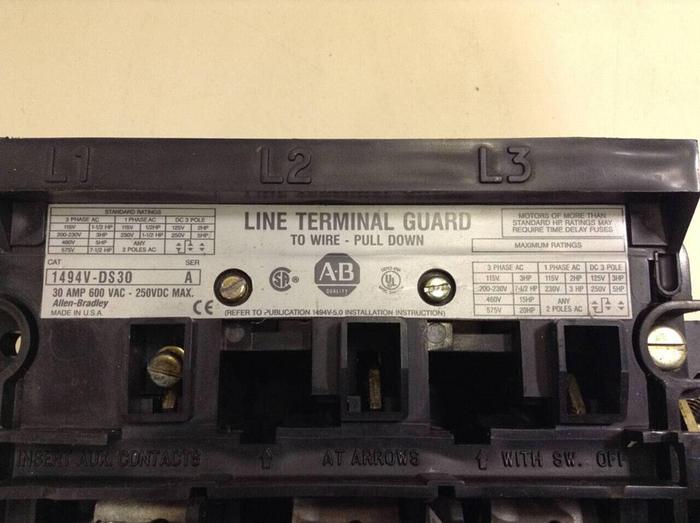 Used ALLEN BRADLEY 30 Amp Disconnect Switch 1494V-DS30 SER A #70370