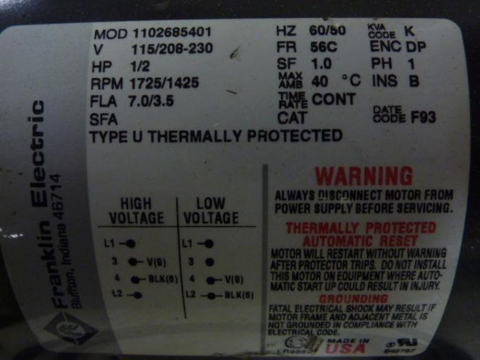 Used FRANKLIN ELECTRIC 1/2 HP Motor 1102685401 #55032