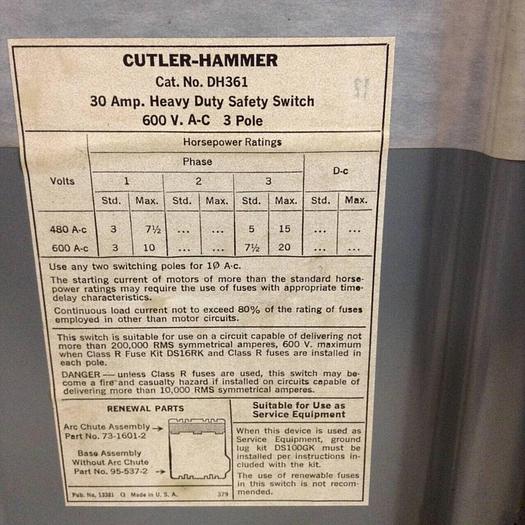 Used CUTLER HAMMER Heavy Duty Safety Switch DH361 #72244