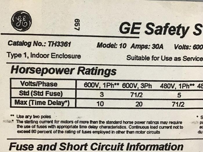 Used GENERAL ELECTRIC / GE 30 Amp Safety Switch TH3361 #120469