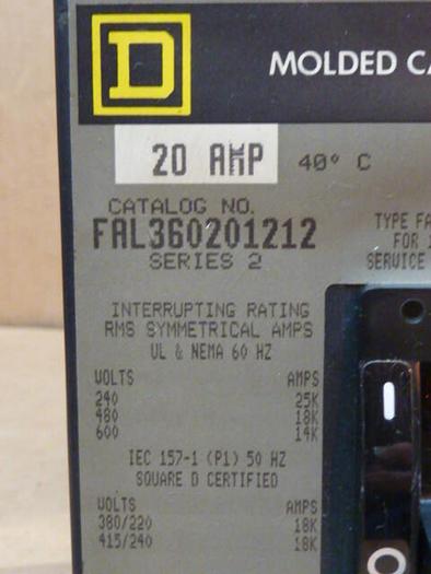 Used SQUARE D 20 Amp Circuit Breaker FAL360201212 USED