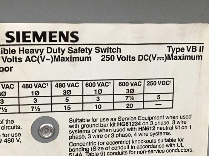 Used SIEMENS 30 Amp Disconnect Switch HF361 #120461