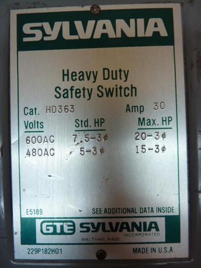 Used SYLVANIA 30 Amp Safety Disconnect Switch HD363 #28310