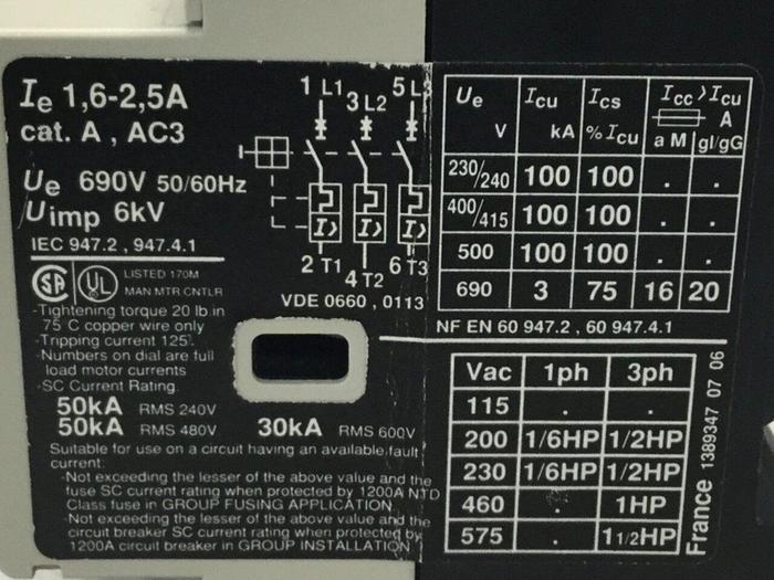 Used TELEMECANIQUE Manual Starter GV2RT07 #103171