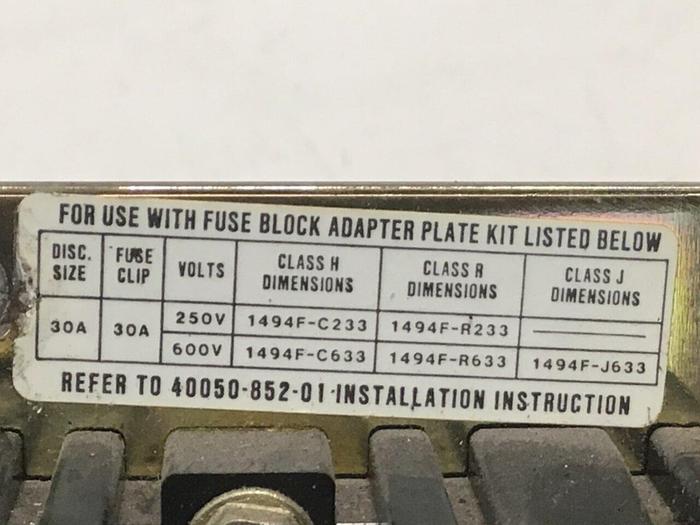 Used ALLEN BRADLEY 30 Amp Fuse Block Plate 1494F-C633 SER B #127473