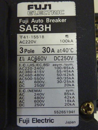 Used FUJI ELECTRIC 30 Amp Circuit Breaker SA53H-30 #46823
