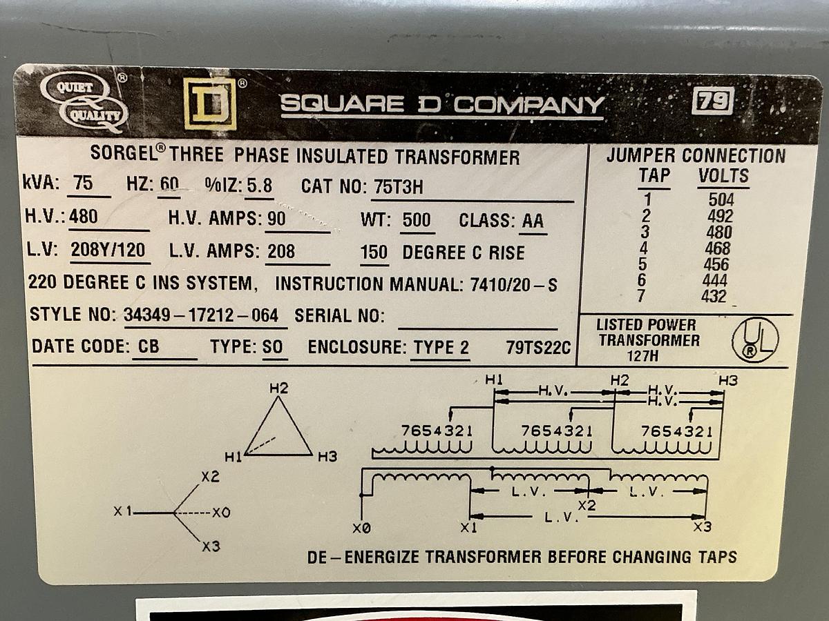 Used SQUARE D 75T3H Transformer 75 KVA Used #146766