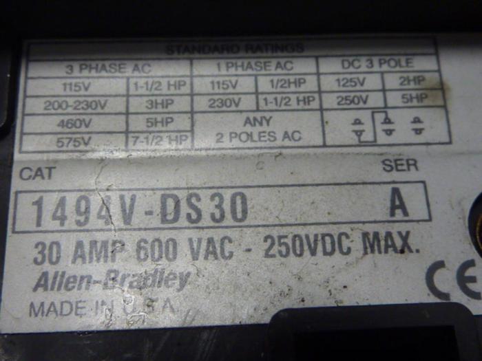 Used ALLEN BRADLEY 30 Amp Disconnect Switch 1494V-DS30 SER A #57390