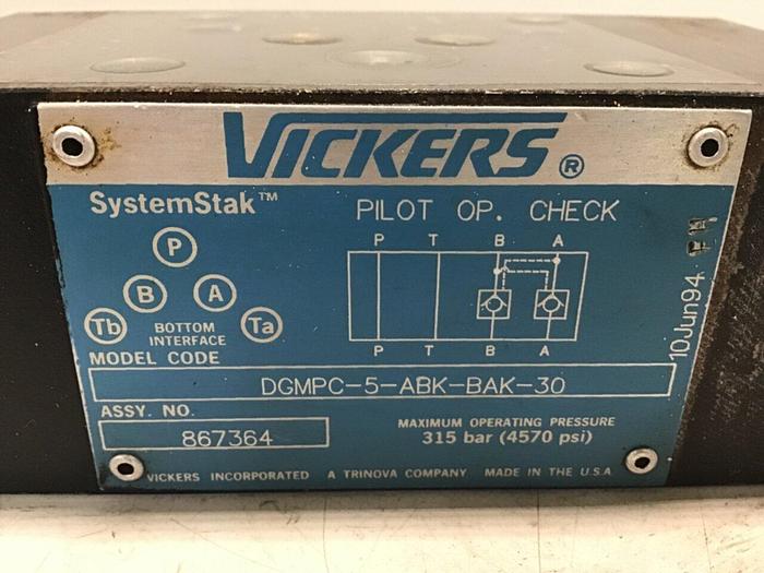 Used VICKERS Pilot Operated Check Valve DGMPC-5-ABK-BAK-30 #131953