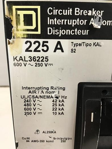 Used SQUARE D 225 Amp Circuit Breaker KAL36225 Used