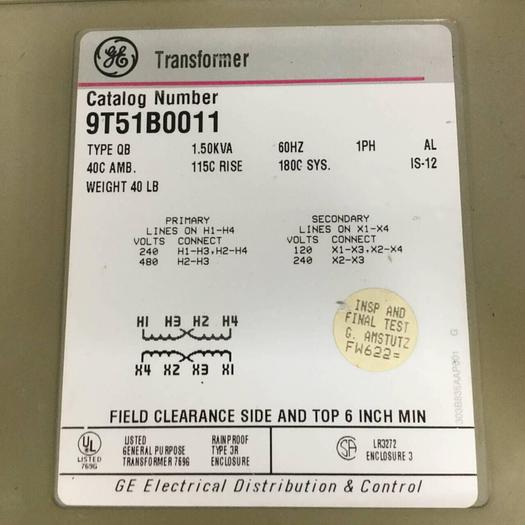 Used GENERAL ELECTRIC / GE 1.50 kVA Transformer 9T51B0011 #91175