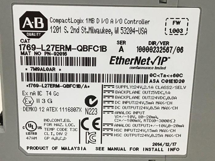 Used ALLEN BRADLEY Compact Logix 1769-L27ERM-QBFC1B SER A Used