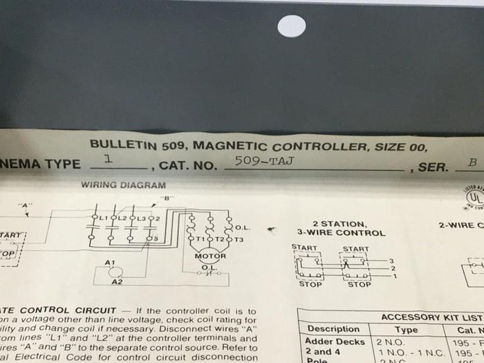 Used ALLEN BRADLEY Motor Starter Size 00 509-TAJ #110764