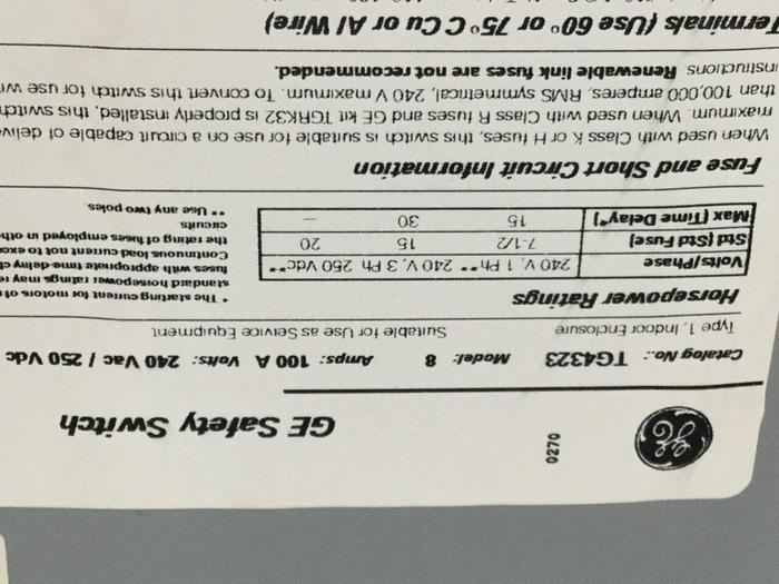 Used GENERAL ELECTRIC / GE 100 Amp Safety Disconnect Switch TG4323 #110766