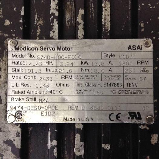 Used MODICON Servo Motor S74D-E00-F010 #75097