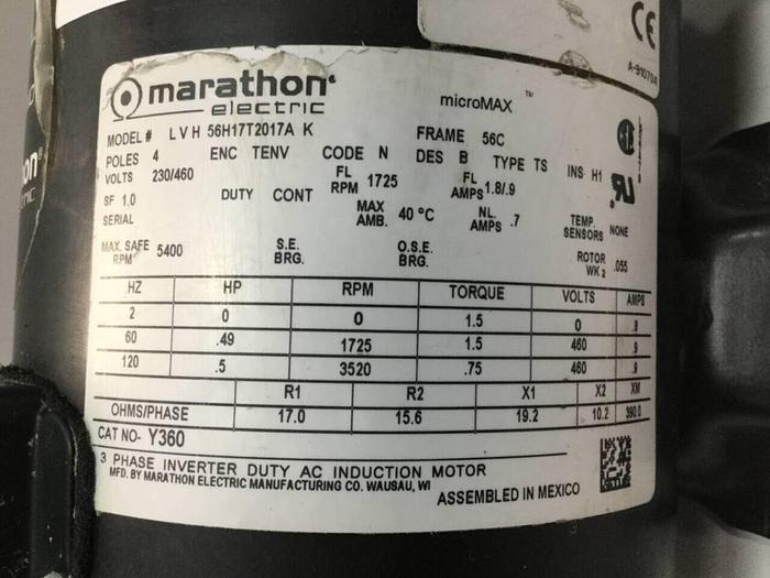 Used MARATHON .5 HP Induction Motor LVH 56H17T2017A #98140