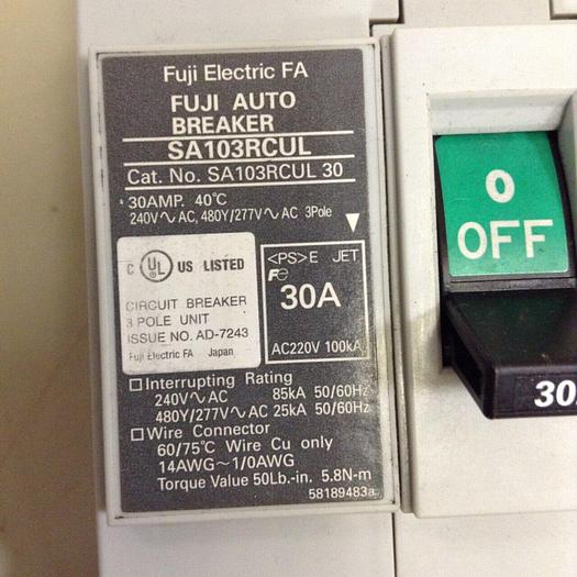 Used FUJI ELECTRIC 30 Amp Circuit Breaker SA103RCUL 30 #74830