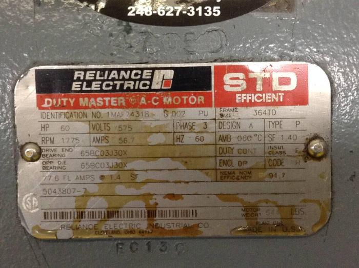 Used RELIANCE ELECTRIC 60 HP Duty Master A-C Motor IMAF74318-G002 PU Used