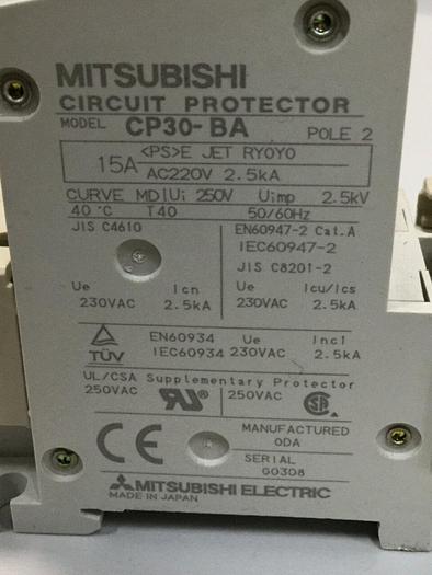 Used MITSUBISHI 15 Amp Circuit Protector CP30-BA-2P-15A #103605