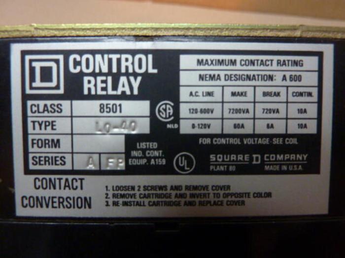 Used SQUARE D Control Relay 8501-L0-40 #36524