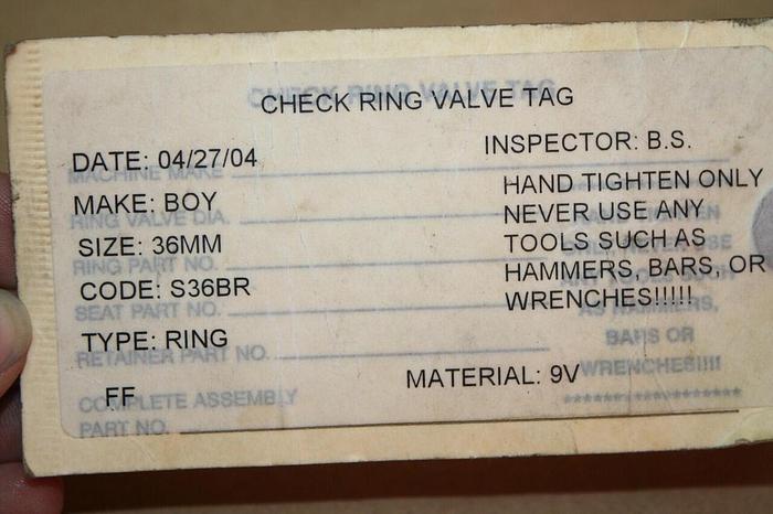 BOY MACHINES Check Ring Valve S36BR #19196