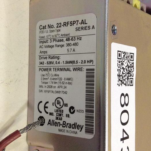 Used ALLEN BRADLEY Line Filter 22-RF5P7-AL SER A #80437