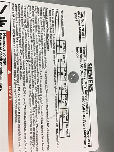 Used SIEMENS 30 Amp Safety Disconnect Switch HNF361 VBII #137845