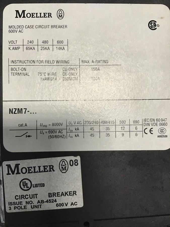Used MOELLER 63 Amp Circuit Breaker NZM7-63N-NA USED