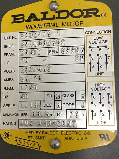 Used BALDOR 20 HP Motor 5232476-1 #91945