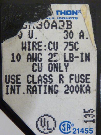 Used MARATHON 30 Amp Fuse Holder 6R30A2B #59239