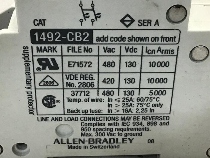 Used ALLEN BRADLEY Circuit Breaker 4 Amp 1492-CB2/G040 SER A Used
