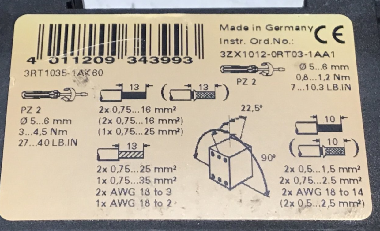 Used SIEMENS Power Contactor 3RT1035-1AK60 USED