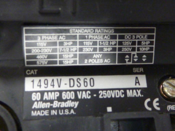 Used ALLEN BRADLEY 60 Amp Disconnect Switch 1494V-DS60 SER A #57445