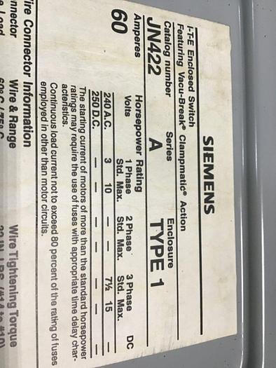 Used SIEMENS 60 Amp I-T-E Disconnect Switch JN422 #137861
