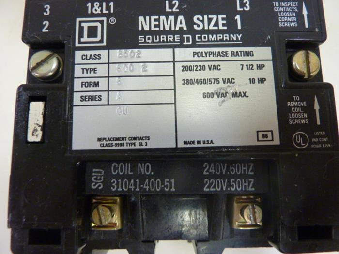 Used SQUARE D Motor Starter Size 1 8502-SC02 #46919