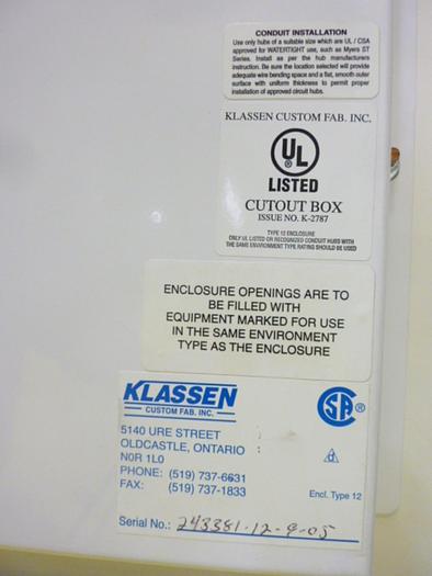 Used KLASSEN Industrial Control Panel Enclosure ENCLOSURE124 Used