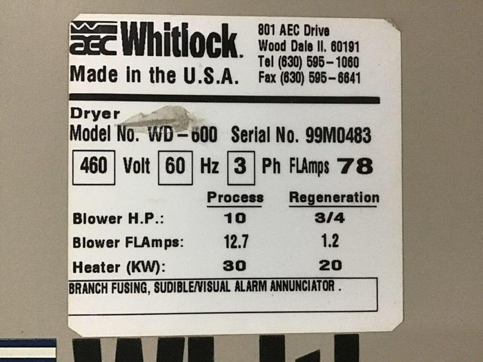 Used AEC WHITLOCK Desiccant Dryer WD-600 USED