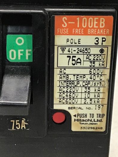 Used HITACHI 75 Amp Fuse Free Breaker S-100EB #112467