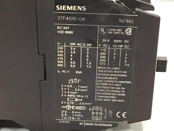 Used SIEMENS Contactor 3TF4010-0A #123990