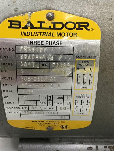 Used BALDOR 5 HP Motor FM3615T #107837