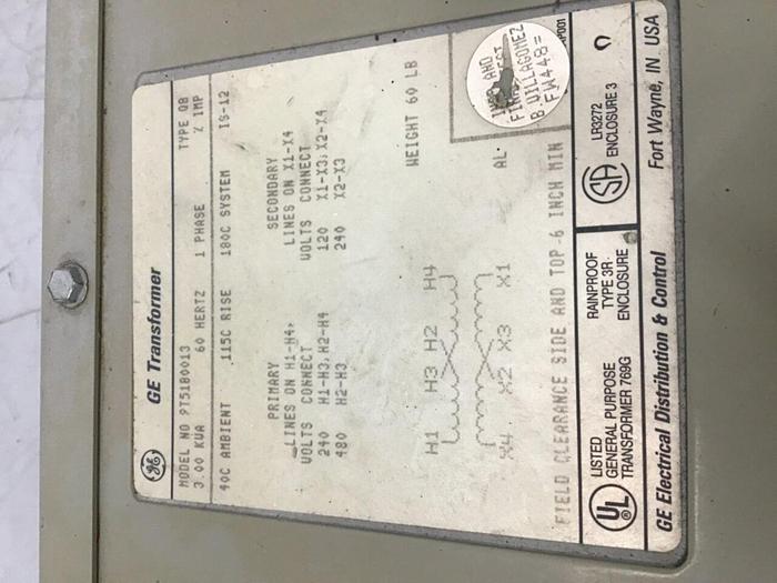 Used GENERAL ELECTRIC 3.00 kVA Transformer 9T51B0013 #124077
