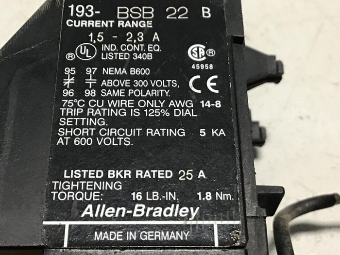 Used ALLEN BRADLEY Bimetallic Overload Relay 193-BSB22 SER B Used