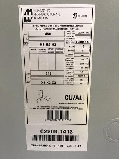 Used HAMMOND 15 kVA Autotransformer 138688 #138830