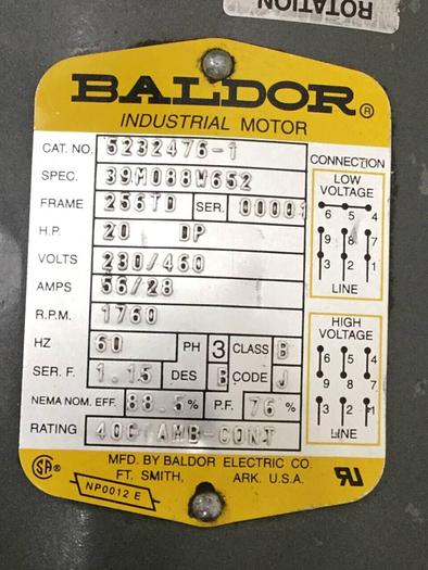 Used BALDOR 20 HP Motor 5232476-1 Used
