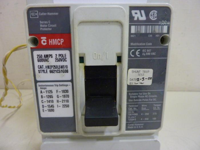 Used CUTLER HAMMER 250 Amp Circuit Breaker HM2P250L5WS10 #66498