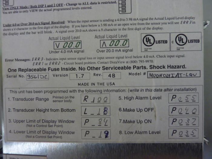 Used DISTAVIEW Liquid Level Controller MU0IE024IAT-LQV #56221