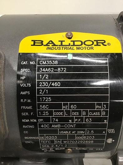 Used BALDOR .5 HP Motor w/ Gearbox CM3538 Used