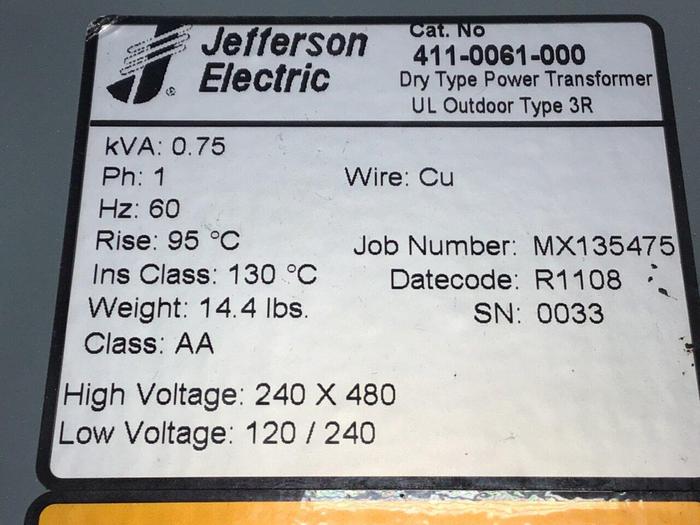 Used JEFFERSON ELECTRIC 0.75 kVA Transformer 411-0061-000 #130552