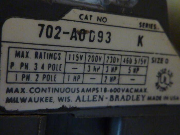 Used ALLEN BRADLEY Contactor 702-AOD93 SER K #35200
