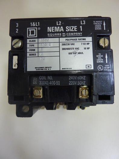 Used SQUARE D Motor Starter Size 1 8502-SC02 #46919